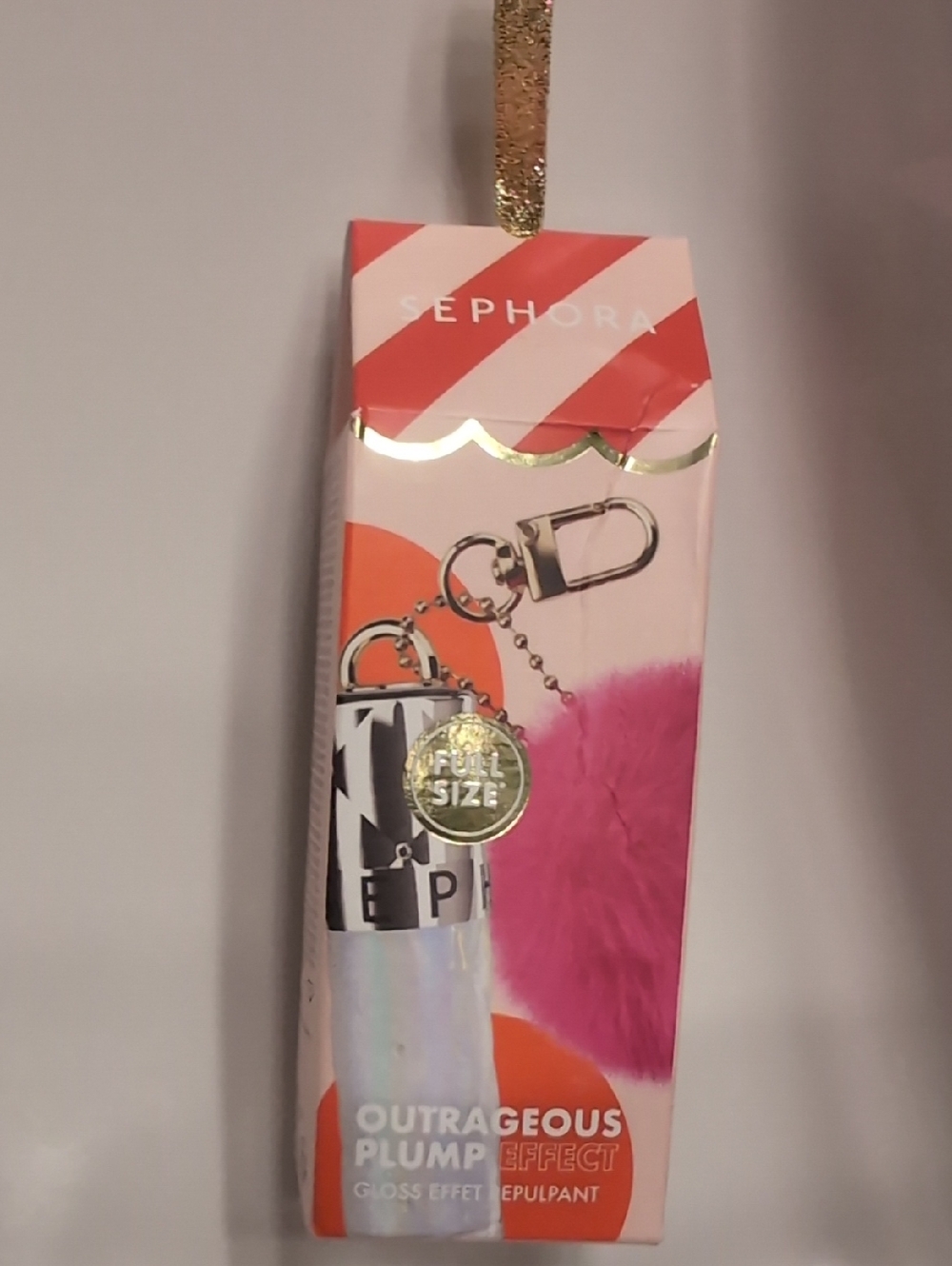 Sephora Pink Pom Lip Gloss Keychain Case with Holographic Tube
